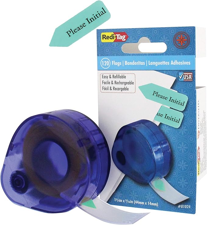 Redi-Tag "Please Initial" Printed Arrow Dispenser Flags, 120 Flags per Dispenser, Mint Adhesive Reminders, 1-3/4" x 9/16" (B81114)