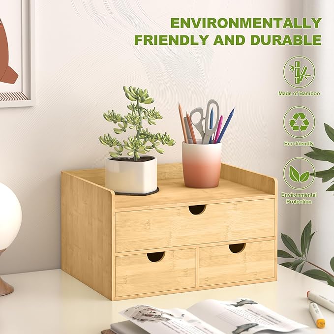Bamboo Desk Drawer Organizer, Large Desktop Organizer with Drawers Tabletop Storage Organization Box for Office Home Toiletries Supplies Vanity, No Assembly Required (3 Drawer with Shelf)
