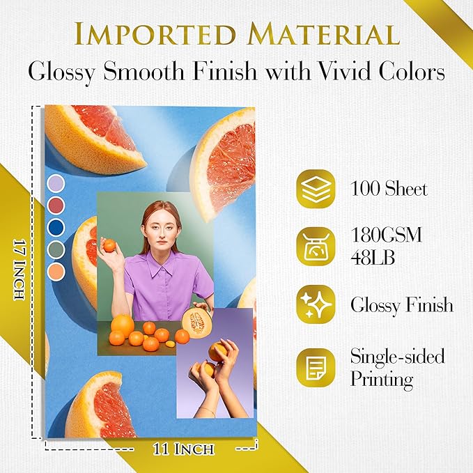 A-SUB Inkjet Glossy Photo Paper 11X17 Inches 48lb 180gsm Professional Glossy Photographic Paper for Inkjet Printers Dye Ink 100 Sheets