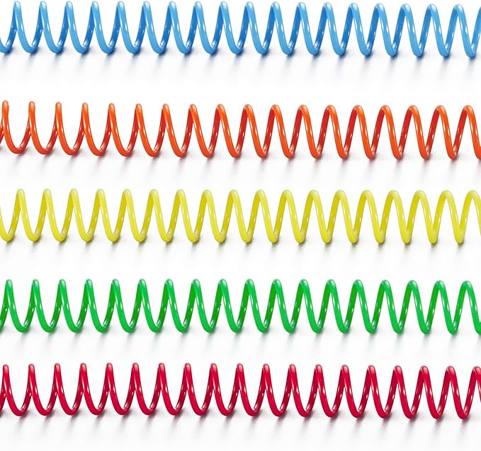 TOTiyea 50 Pack Plastic Spiral Binding Coils, 3/8 Inch (10mm), 4:1 Pitch, Assorted Colors, Plastic Binding Spirals (Red, Orange, Yellow, Blue, and Green)