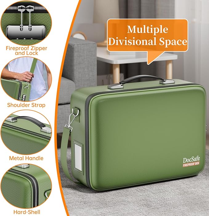 DocSafe Fireproof Document Box with Lock, Hard Case File Organizer with Accordion File Folder, Fireproof Water Resistant Safe Box Home Office Travel Storage for Important Documents Laptop Green