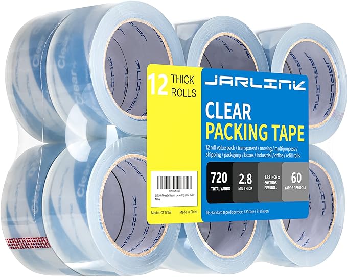 JARLINK Clearer Packing Tape 12 Rolls, Heavy Duty Packaging Tape for Shipping Packaging Moving Sealing, 2.8mil Thicker, 1.88 inches Wide, 60 Yards Per Roll, 720 Total Yards