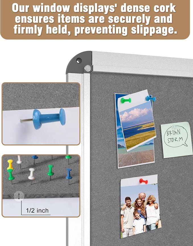 36"x24" Enclosed Bulletin Board, Lockable Weather-Resistant Aluminum Cork Noticeboard for School & Office, Silver Frame w/Grey Flet