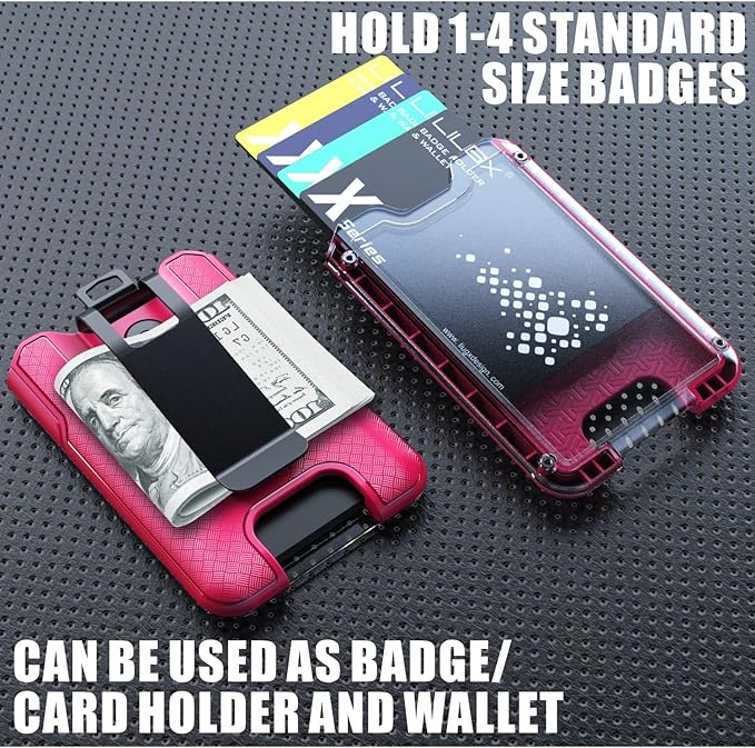 LIUGX Badge Holder, ID Card Holder with Metal Clip - Durable Polycarbonate (Holds 1 to 4 Cards), Portable Wallet for Office, Laborer, Police, Work, Hot Pink