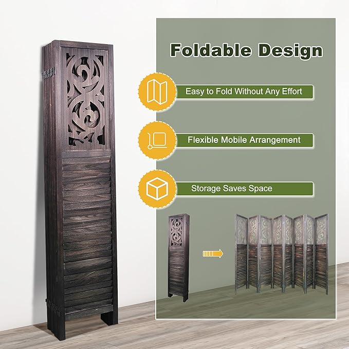 NicBex 8 Panel Room Divider 5.6FT Wood Carved Room Dividers, Folding Privacy Screens Portable Freestanding Partition Wall Dividers for Home Bedroom Office, Rustic Brown