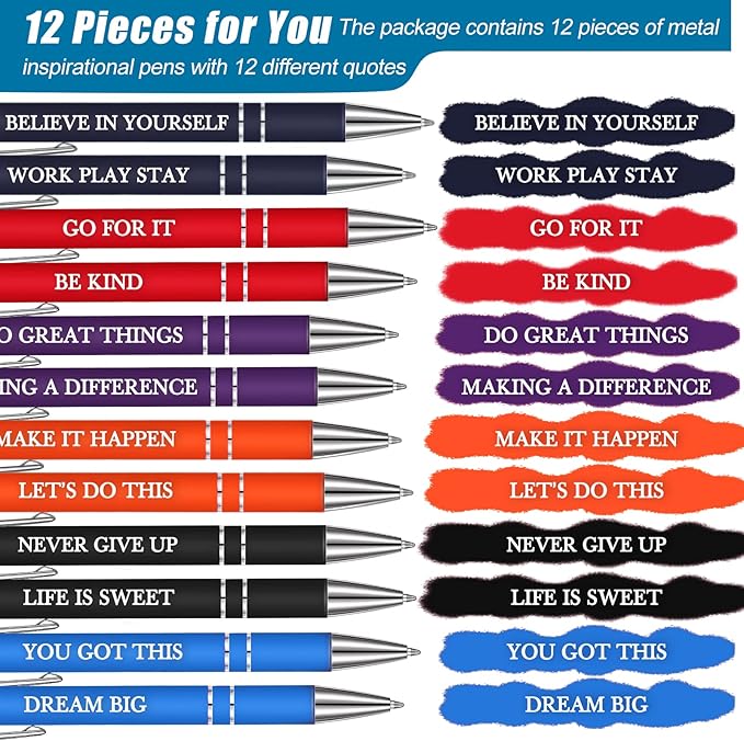 Zonon 12 Pieces Inspirational Pens Bulk Easter Basket Stuffers Motivational Quotes Ballpoint Pens with Stylus Tip Inspirational Gifts for School Office Teachers(Rainbow Colors,Classic Style)