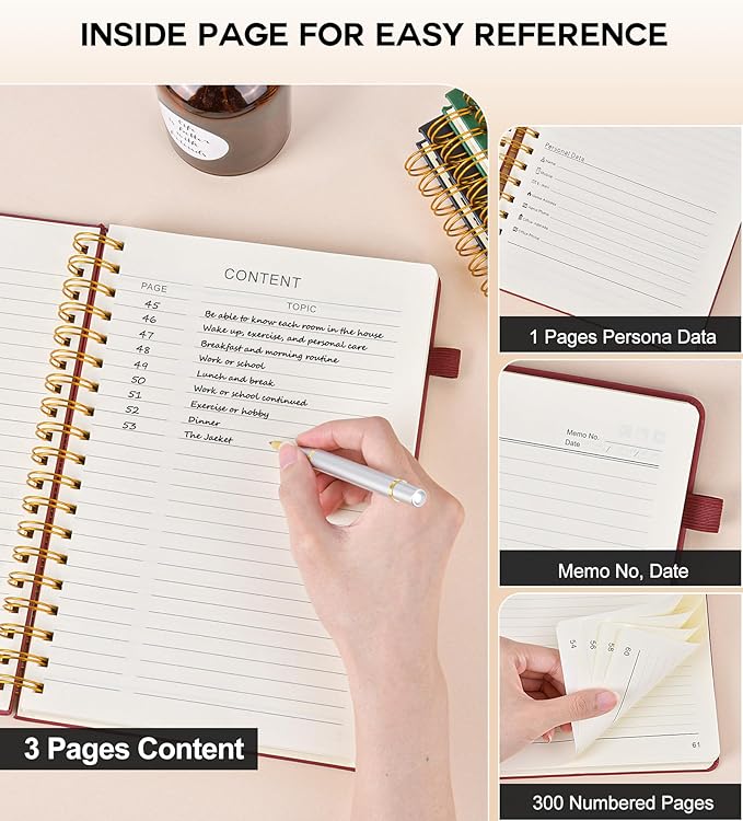 Large Spiral Notebook Journal for Women Men - 300 Numbered Lined Pages, College Ruled,B5 Hardcover Spiral Bound Notebook for School, Work, Note Taking, Writing, Leather Spiral Journal 7"x10"