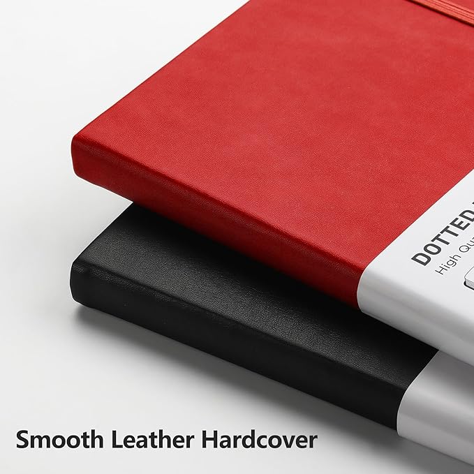 RETTACY Bullet Dotted Journal Notebook, 2-Pack, 160 Numbered Pages per Pack, A5 Medium Size (5.7'' x 8.3''), 120 GSM Thick Paper, Leather Hardcover, for Bullet Journaling (Black & Red)