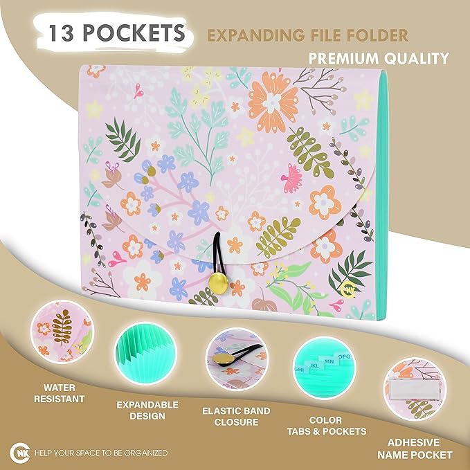 CNK File Folders Organizer with 13 Pockets Accordion Expanding Folder For Documents Receipt Document Paper Pocket Filing Products Accordian Important expandable holder files alphabetical Labels Letter