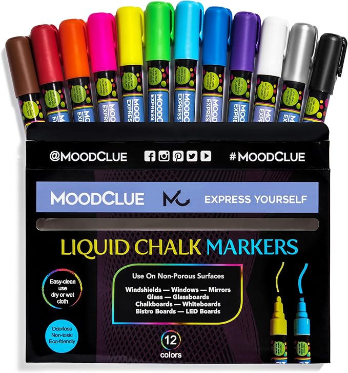 Liquid Chalk Markers Neon 12 Pack. Bold Wet & Dry Erase Marker Pens. Erasable and Washable Chalkboard Markers for Windows, Mirrors, Glass, Whiteboards. Reversible Thick and Fine Tip.