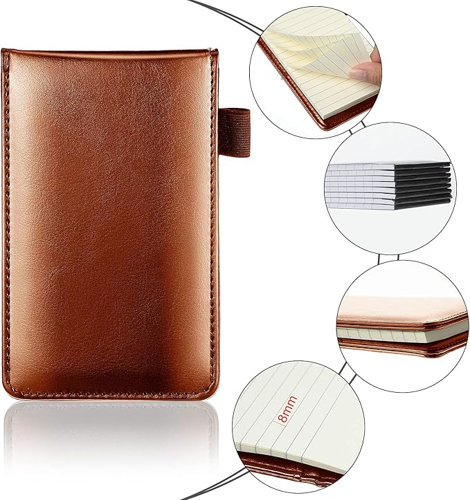 Outus 10 Pcs Pocket Notebook with Pen Set Included Mini Pocket Notepad Holder with 50 Lined Sheets, Metal Pen, 8 Pcs 3 x 5 Inch Memo Book Refills, 30 Lined Paper Per Note Pad (Brown)