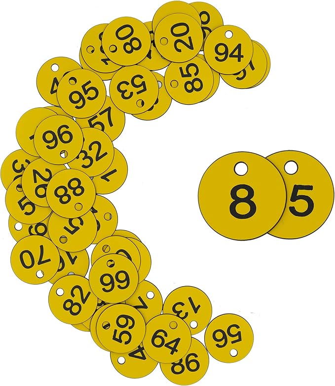 StayMax Plastic ID Number Tags Engraved Tags Key Tags Without Key Rings (101-200, Yellow)