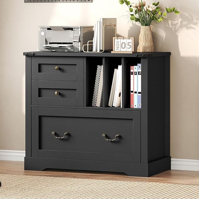 Farmhouse File Cabinet, Lateral Filing Cabinet with 3 Drawers and Folder Organizer, Office Storage Cabinet for A4 Letter Size Files, Printer Stand with Storage for Home Office, Black