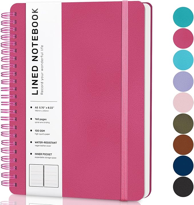 Raspberry Lined Spiral Journal Notebook with 160 Pages, 8×5.7in, A5 Spiral Notebook, Journaling Notebooks for Work, School, Women, Men, College Ruled Spiral Notebook, Hardcover Leather Journals