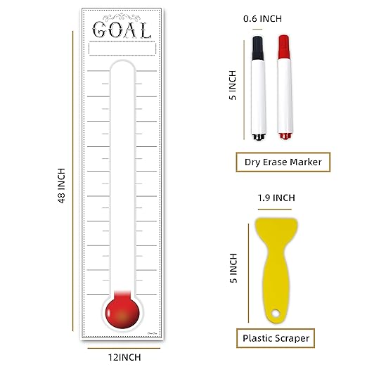 Goal Setting Fundrasing Thermometer - 48"x12" Dry Erase Self-Adhesive Goal Tracker - Poster Charts for Home, School and Office