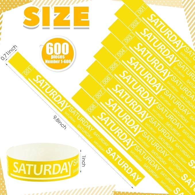 Henoyso 600 Pcs Saturday Paper Wristbands Event Wristbands Paper Bracelets Wristbands Numbered Waterproof Party Wristbands for Events Day of The Week(Yellow)