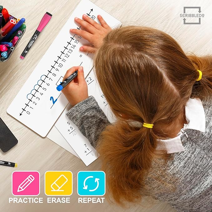 SCRIBBLEDO 10 Pack Dry Erase Number Line White Boards 4x12 Inch Lapboard Double Sided Whiteboard Numbers 1 Thru 10 and 20 I Math White Board for Kids Students Classroom Addition Subtraction Division