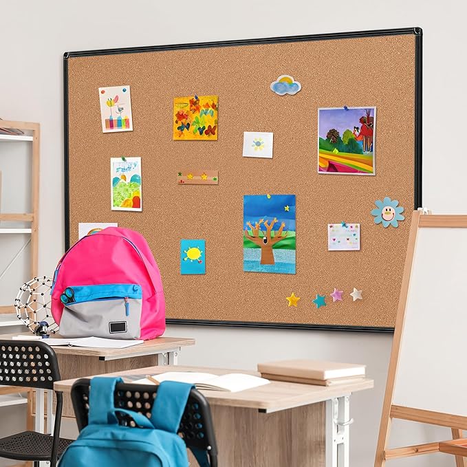 Board2by Extra Large Cork Bulletin Board 60" X 36", Black Aluminum Framed 5'x3' Corkboard for Wall, Wall Mounted Notice Pin Board with 18 Push Pins for School, Home & Office