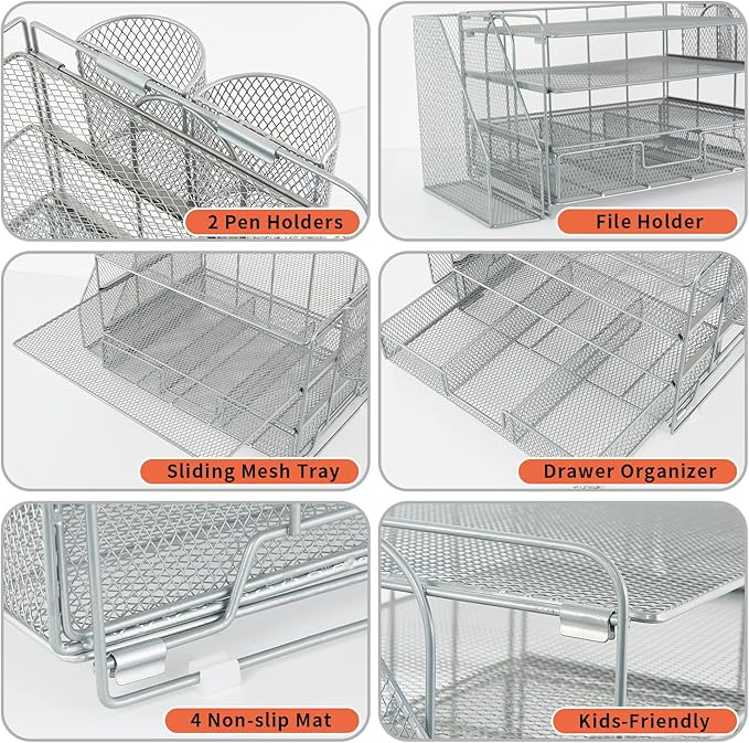Desk Organizers and Accessories, Desk Accessories & Workspace Organizers for Office Supplies, File Organizer Desk Drawer Organizer with 2 Pen Holders, 4 Tier Paper Organizer for Desk(Grey)