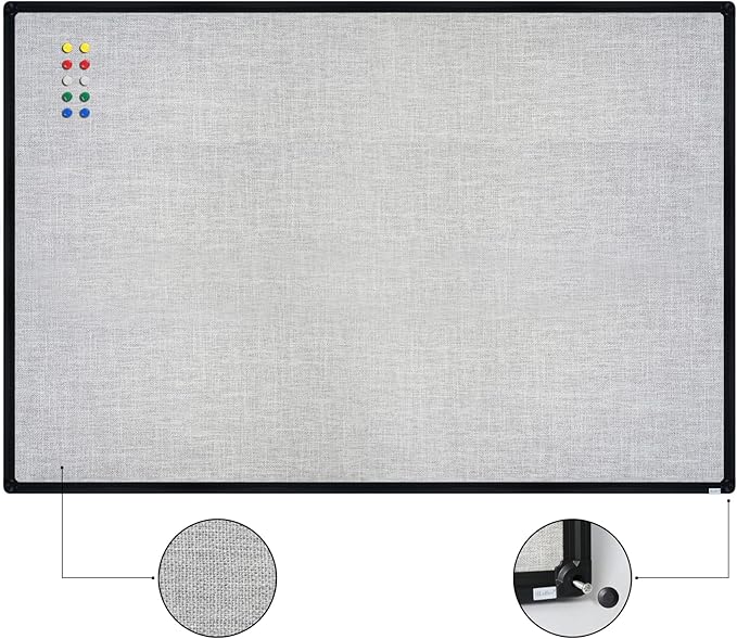 JILoffice Cork Linen Bulletin Board 36 X 24 Inch (Grey), Black Aluminum Frame Wall Mounted Board Memo Pin Board for Office Home and School