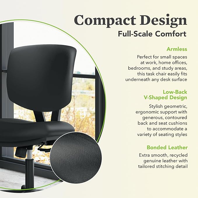 HON Volt Armless Computer Chair for Office Desk Ergonomic Recline, Softhread Leather Back Seat, Swivel Desk Chair for Computers, Work, Black