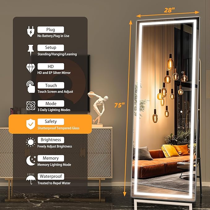 Hasipu Full Length Mirror with Lights, 75" x 28" LED Lighted Floor Standing, Full Body Dressing Hanging Mounted Mirror, Dimmable, Tempered Glass, Safe to Use, Square Black