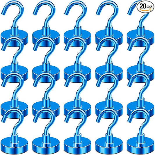 DIYMAG Blue Magnetic Hooks, 50 LB Heavy Duty Strong Magnets with Hooks, Strong Rare Earth Neodymium Magnet Magnetic Hooks for Cruise Cabins Cruise Ship Essentials 20 Packs