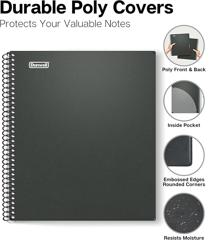 Dunwell 5-Subject Notebook, College Ruled, Colorful Movable Pocket Dividers with Tabs, Front/Back Plastic Covers, 200 Sheets (400 Pages) of 3-Hole Punch Perforated 8.5x11 Paper