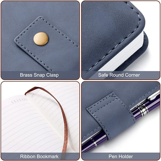 A5 Leather Journal Notebook with Pen, 200 Pages Hardcover Journal with Pocket, 100gsm Thick Lined Paper Daily Diary for Men and Women, Great Gift for Business School Travel Personal - Blue