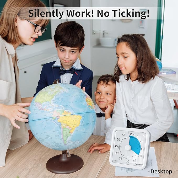 Yunbaoit 16cm Classroom Visual Timer with Optional Alert Modes, 60 Minute Oversize Visual Countdown Timer for Kids and Adults, Silent Magnetic Kitchen Timer with Kickstand(White Blue)