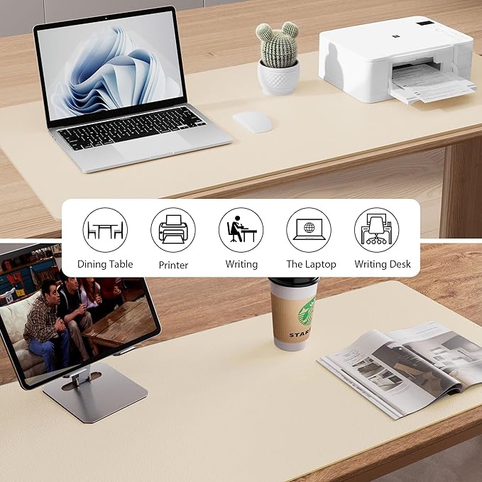 Aothia Leather Desk Pad Protector, Office Desk Mat, Large Mouse Pad, Non-Slip PU Leather Desk Blotter, Laptop Desk Pad, Waterproof Desk Writing Pad for Office and Home (48"x17", Beige)
