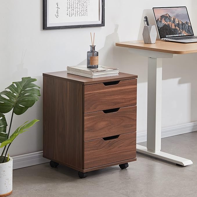 Farini 3-Drawer Vertical Filing Cabinet Rolling Wood Mobile File Cabinets Under Desk for Home Office with Casters (Brown Walnut, Non-Assembled)