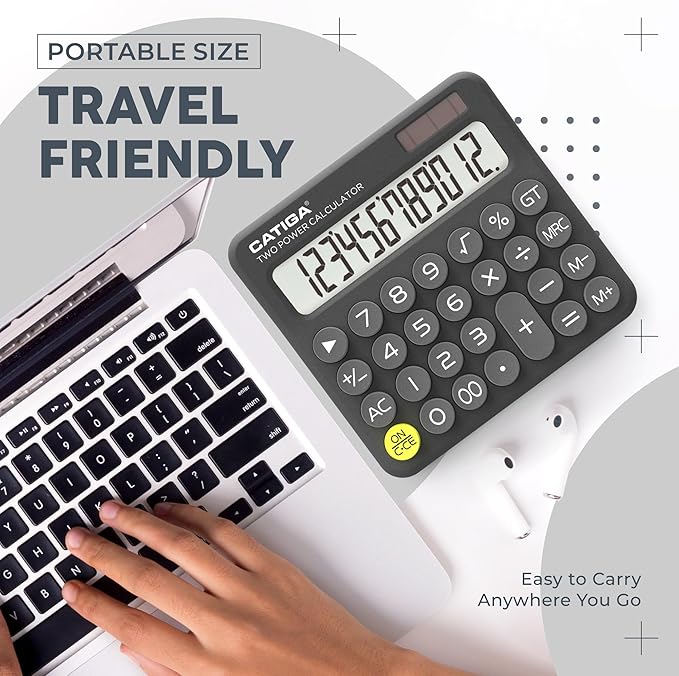 CATIGA Mechanical Switch Calculator with Solar and Battery Dual Power, 12-Digit Large LCD Display, Aesthetic and Cute Desktop Calculator with Big Button, for Home, School and Office Use, SD-1299