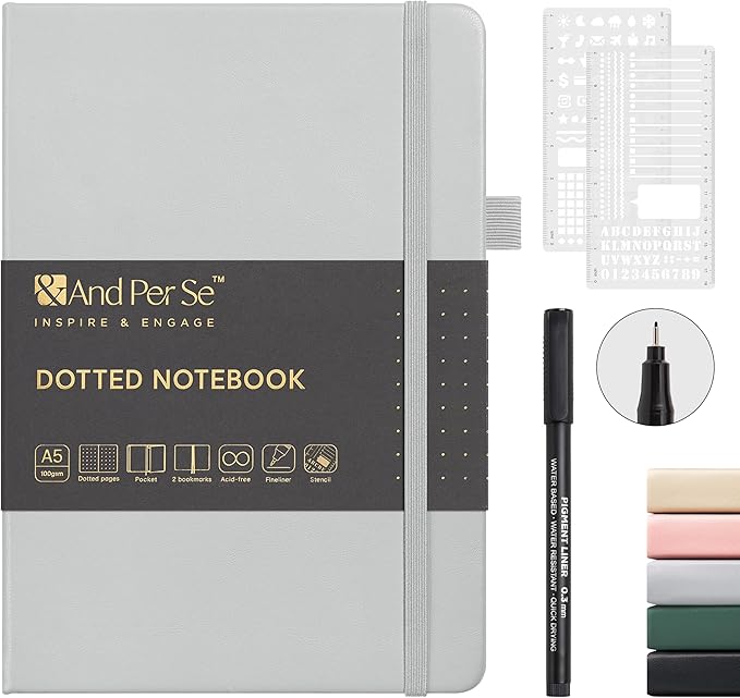 &And Per Se Bullet Dotted Journal Notebook, A5 Leather Hardcover, 176 Numbered Pages 100GSM Thick Dotted Paper, 2 Sheets of Stencils Included - 5.7'' x 8'' (Grey)