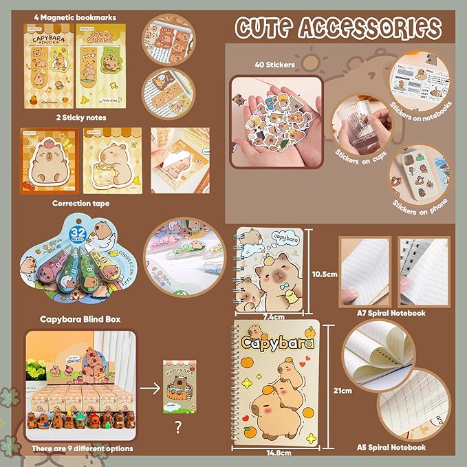 Capybara Stationery Gifts Set for Kids,28 Pcs Kawaii School Supplies Kit with Pencil Case,Notebooks,Erasable Pens,Stickers-Cute Back to School,Easter,Birthday & Christmas Gift Box