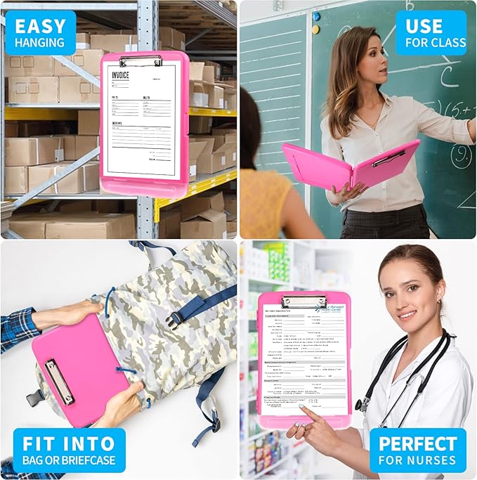 Clipboard with Storage, Large Capacity Nursing Clipboards with Low Profile Clip, Heavy Duty Plastic Storage Clipboard with Pen Holder, Side-Opening, Multifunctional Clipboard Case for Writing