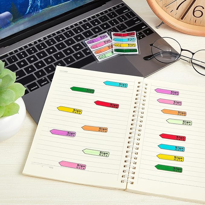 Tatuo 2400 Pcs Sign Here Tabs Colored Flag Stickers 8 Colors with Dispenser Arrow Flag Easy to Post for Notary Books Paper (Sign Here Style)
