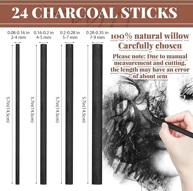 Gueevin 24 Pcs Willow Charcoal Sticks, Willow Charcoal, Artists, Beginners, Students, Perfect for Sketching, Drawing, Shading, and Fine Art (2-4mm，4-5mm，5-7mm，7-9mm)