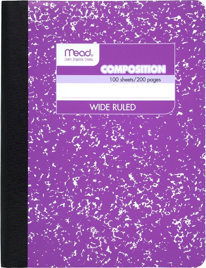 Mead Composition, Wide Ruled Comp Book, Writing Journal Notebook with Lined Paper, Home School Supplies for College Students & K-12, 9-3/4" x 7-1/2", 100 Sheets, Black Marble (09910)