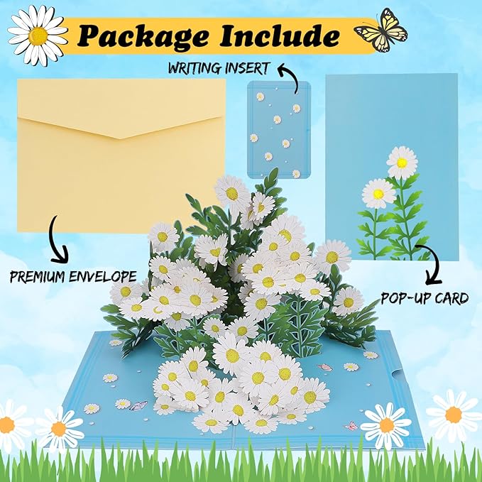 3D Daisy Flowers Pop Up Card for Teacher Appreciation Gifts, Thank You, Congratulations, Suitable for Mom, Daughter, Wife, Grandma