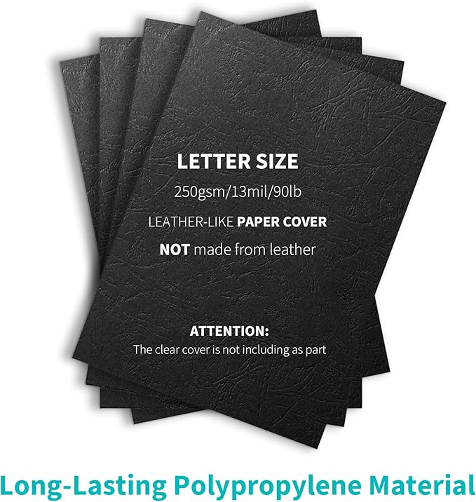 Binditek 100 Pack 13 Mil Grain-Texture Paper Binding Presentation Covers, 8-1/2 x 11 Inches, 90lb, 250 GSM, Un-Punched, Letter Size, Black, for Business Documents