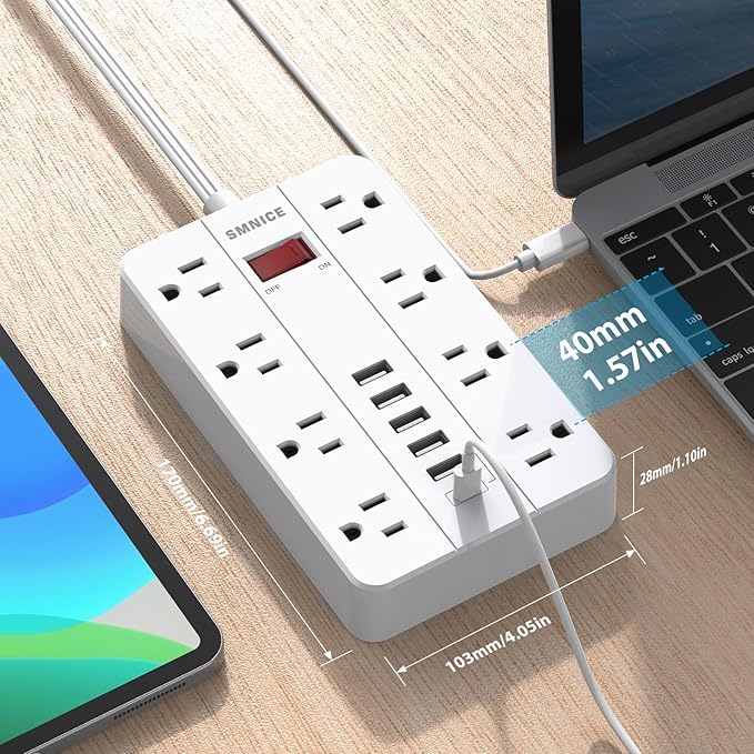 Power Strip Surge Protector, SMNICE Flat Plug Long Extension Cord 10 Ft with 8 Widely Spaced Outlets 6USB(1 USB C) Charging Station, Wall Mount for Dorm Home, Office Accessories,White