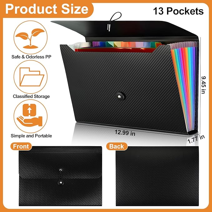 Patelai 6 Pack File Folder Organizer 13 Pocket Expanding File Folder A4 Letter Size Paper Document Receipt Organizer with Labels and Colored Inside Pages for Classroom, Home, Office and Travel, Black