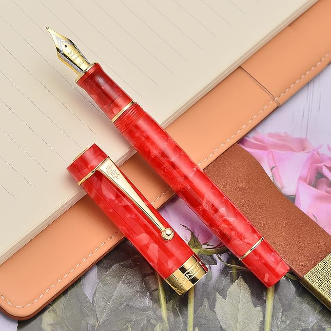Jinhao 100 Fountain Pen Celluloid Classic Style, #6 Nib Smooth Writing Instrument with Refillable Converter and Pen Case Set