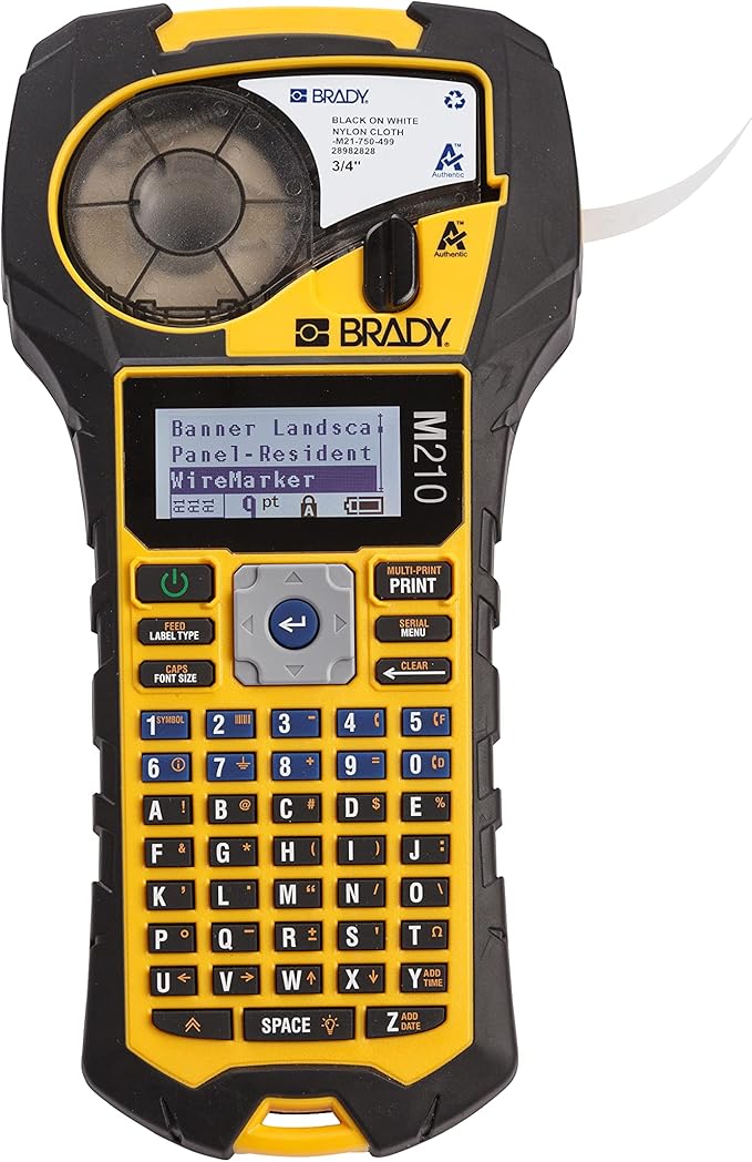 Brady M210 Portable Label Printer with Rubber Bumpers, Multi-Line Print, 6 to 40 Point Font & Authentic (M21-375-595-WT) All-Weather Vinyl Label for Indoor/Outdoor ID, Lab and Equipment Labeling
