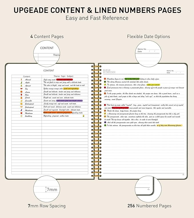 A4 Spiral Notebook Journal 8.5” x 11”, 256 Numbered Pages Hardcover Leather Journals for Women Men, Large Lined College Ruled Notebooks, 100GSM Thick Paper, Spiral Bound Journal for Work School, Green