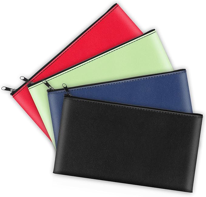 4 Pack Money Bags with Zipper, 11x6.1 Inch PU Leather Cash Pouch, Secure Bank Bag for Coins, Bills, Checks, Invoices, Cosmetics, Tools (Multi Color)