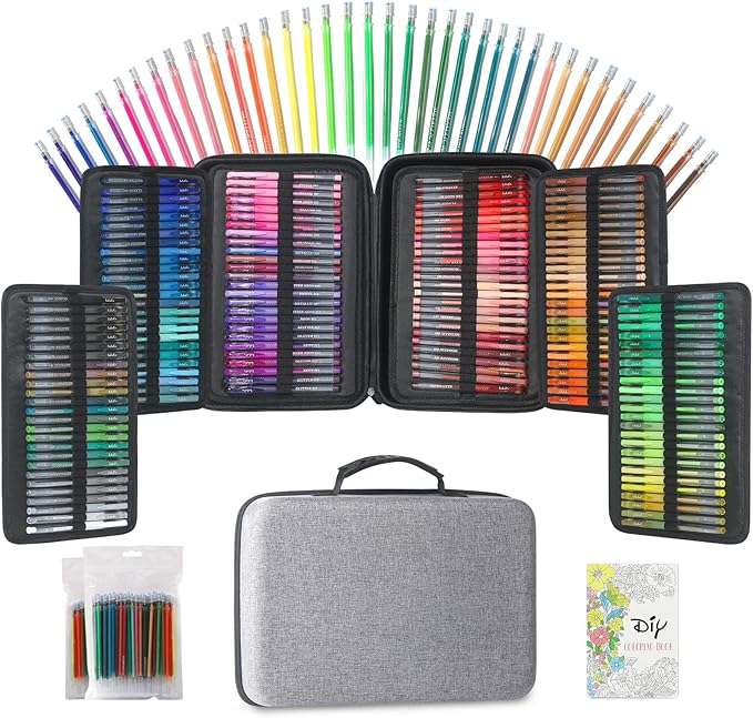 Gel Pens for Adult Coloring Book, 312 Pack Artist Colored Pens with 40% More Ink, Glitter Gel Pens with Case and Coloring Book, Perfect Art Supplies for Adults Kids for Coloring