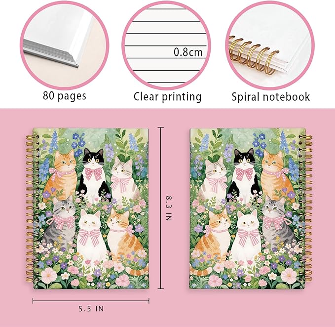 LIANHW Coquette Cute Pink Bow Cats Notebook for Women Girls, Cute Preppy Aesthetic School Supplies, Cat Lover Gifts, Coquette Pink Bow Hardcover Lined Notebook 5.5 x 8.3