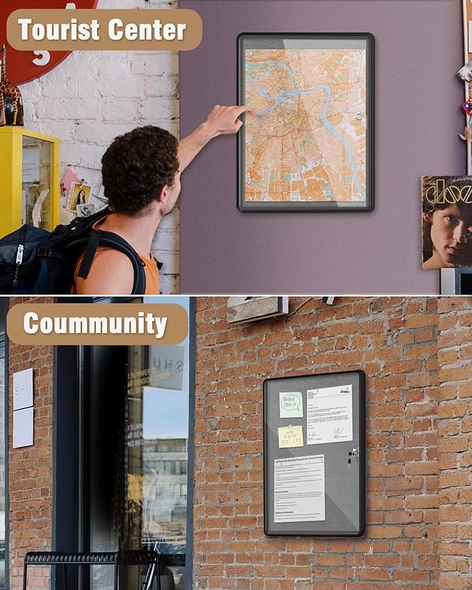 26"x20" Enclosed Bulletin Board, Lockable Weather-Resistant Aluminum Cork Noticeboard for School & Office, Black Frame w/Grey Flet